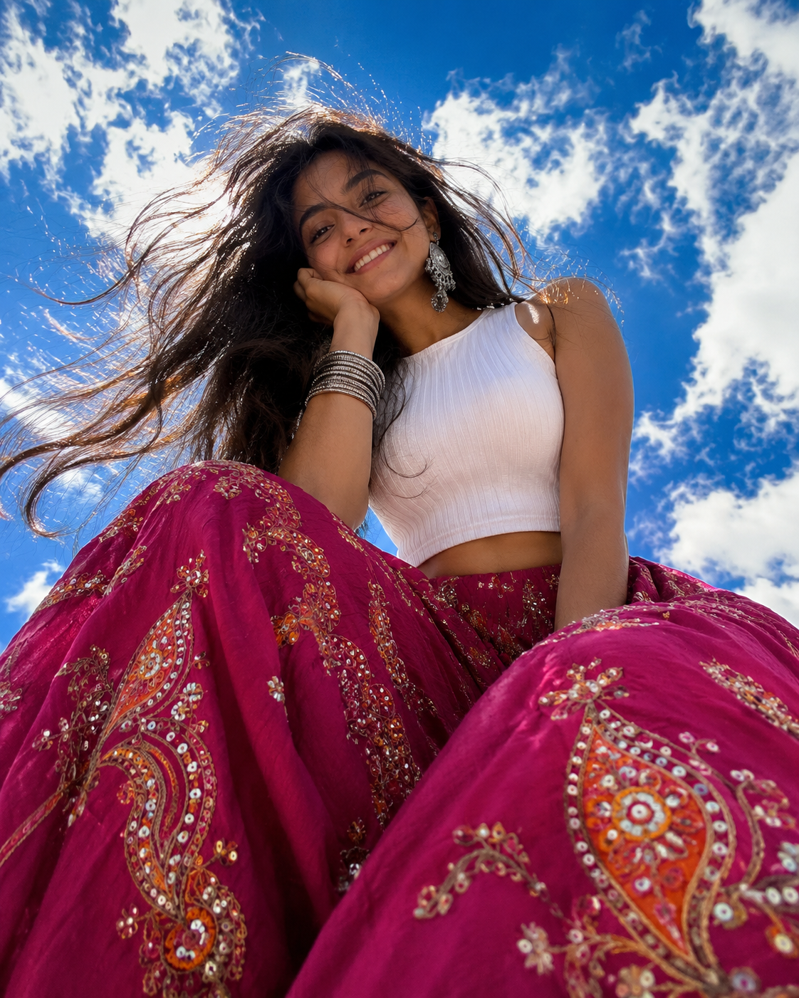 AI-generated preview for prompt: Extreme Low-Angle Windblown Fashion Portrait AI Prompt for Google Gemini