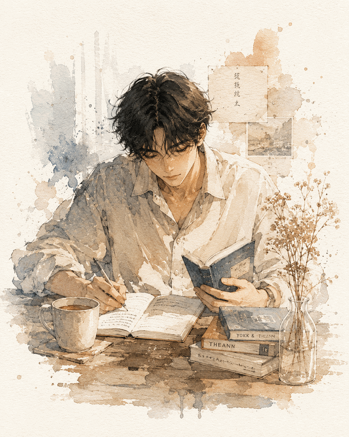Cozy Watercolor Reading and Journaling Illustration — AI image prompt preview
